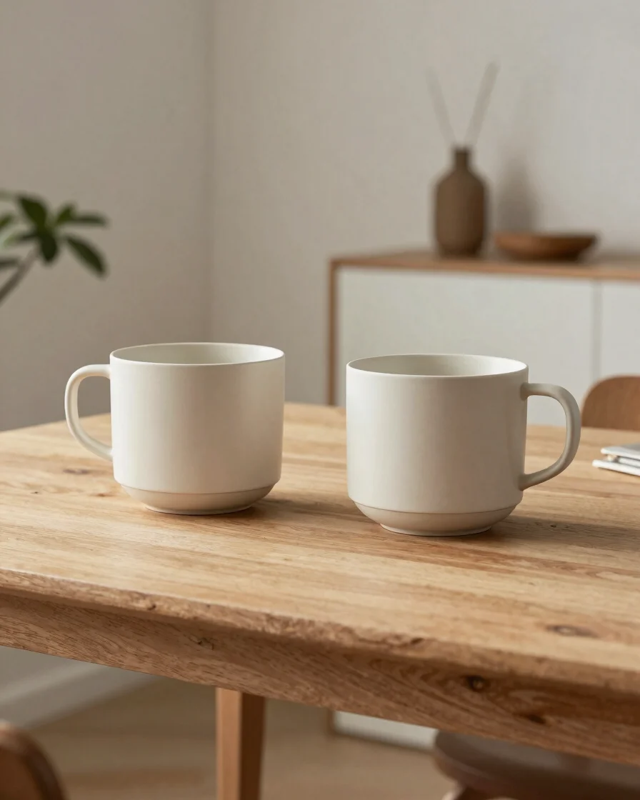 Redactionele productfotografie van twee naast elkaar geplaatste productopties op een rustige houten tafel, zacht diffuus